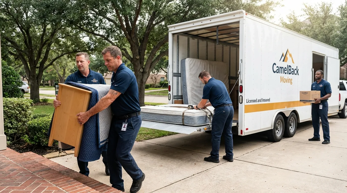 Crew loading residential truck for cross-state move from Pendleton, IN