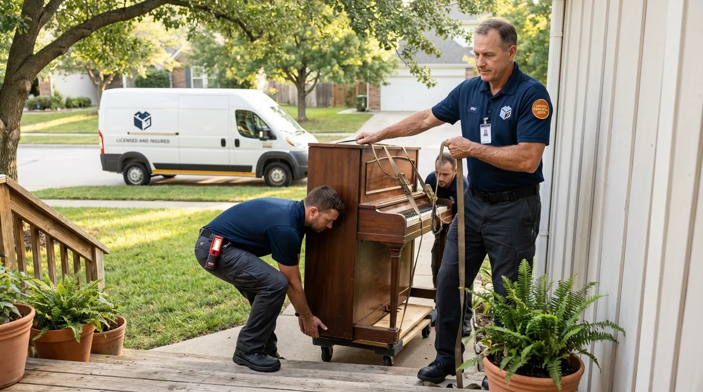 Licensed piano movers securing grand piano in Pendleton, IN