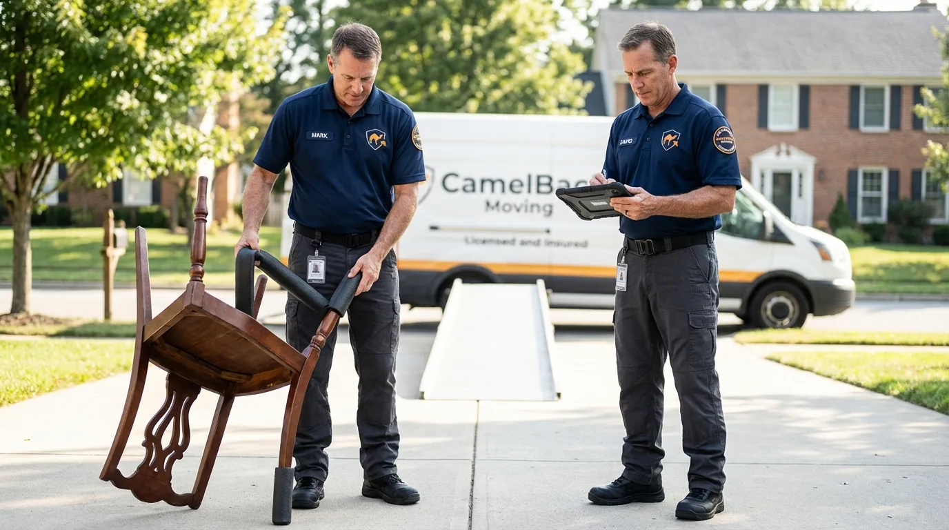 Movers inspecting furniture for damage prevention before loading in Pendleton, IN