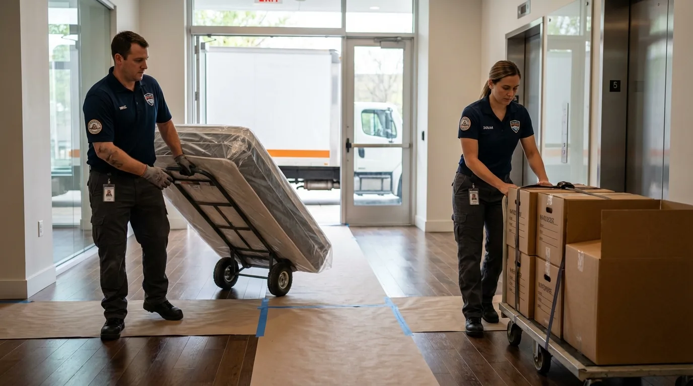 Professional apartment movers loading elevator in Pendleton, IN