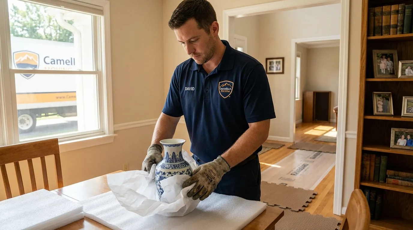 Professional crew carefully wrapping antique vase for senior downsizing move in Pendleton, IN