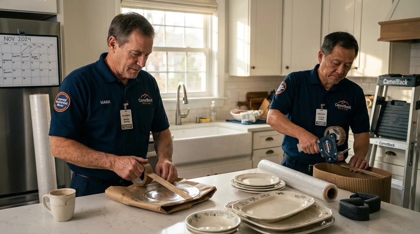 Professional crew packing kitchen dishware in Pendleton, IN